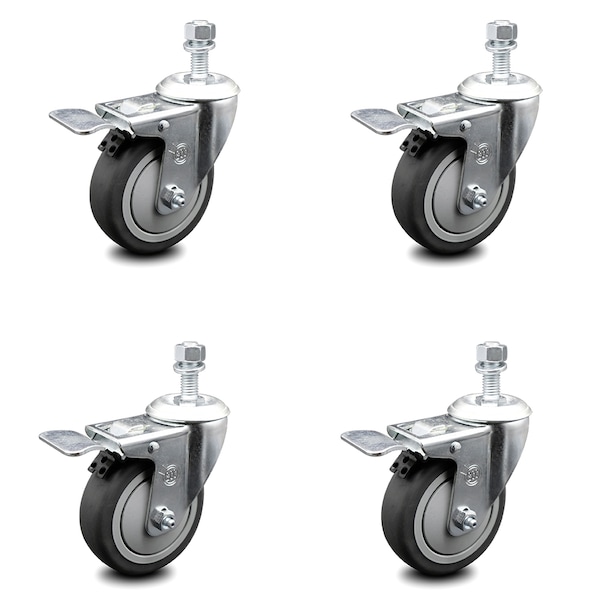 4 Inch Thermoplastic Rubber Swivel 10mm Stem Caster Set Total Lock Brake SCC